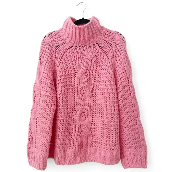 LoveShackFancy Leyland Chunky Cable Knit Turtleneck Sweater in Pink Rose Small - Picture 4 of 10